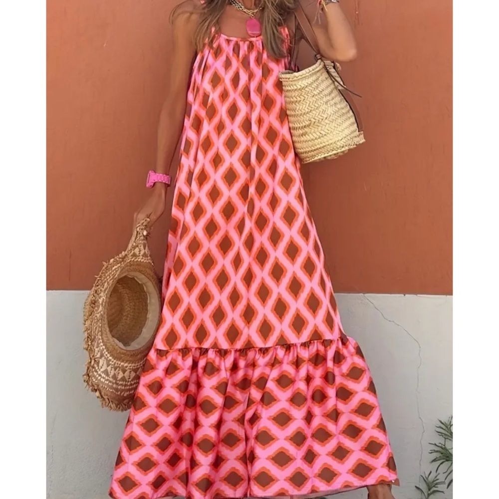 Women’s Pink Geometric Maxi Dress - Sleeveless Summer Dress - Picture 4 of 6